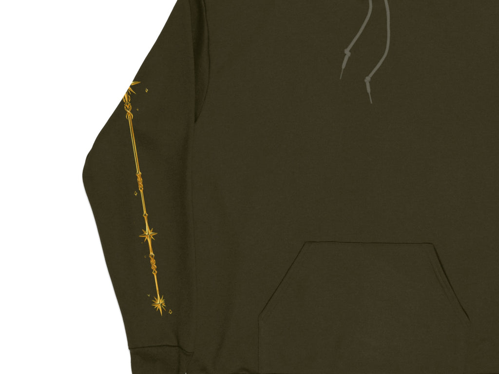Olive green hoodie with gold celestial design on the left sleeve.