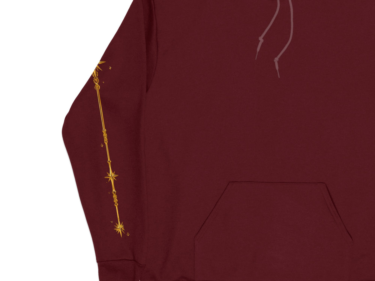 Maroon hoodie with gold celestial design on the sleeve and a front pocket.