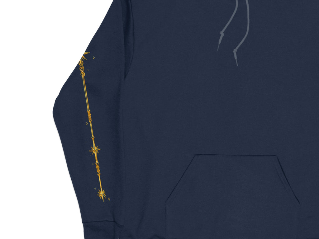 Navy blue hoodie with a gold star and celestial line design on the left sleeve.