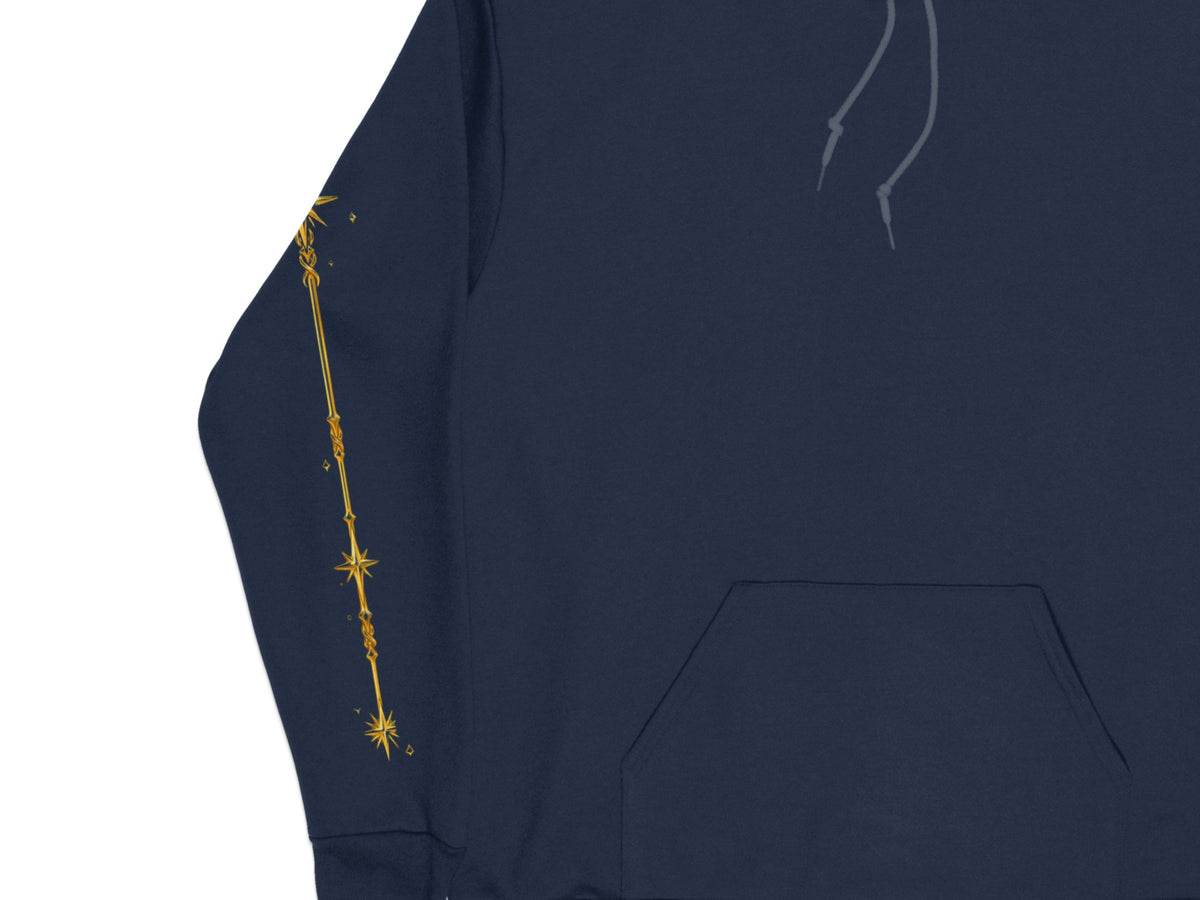 Navy blue hoodie with a gold star and celestial line design on the left sleeve.