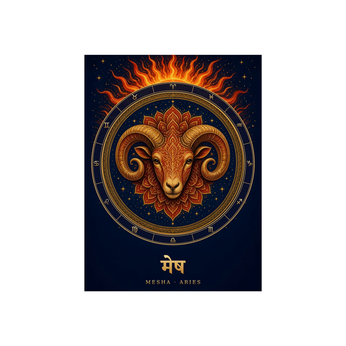 Mesha Aries Zodiac Wheel Art Print | Vedic Rashi Chakra Poster | AstralWhere