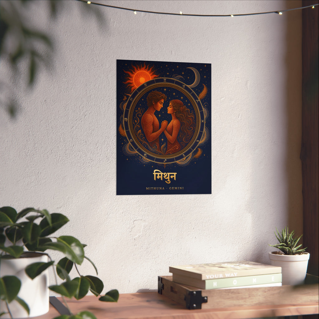 Mithuna Gemini Zodiac Wheel Art Print | Vedic Rashi Chakra Poster | AstralWhere