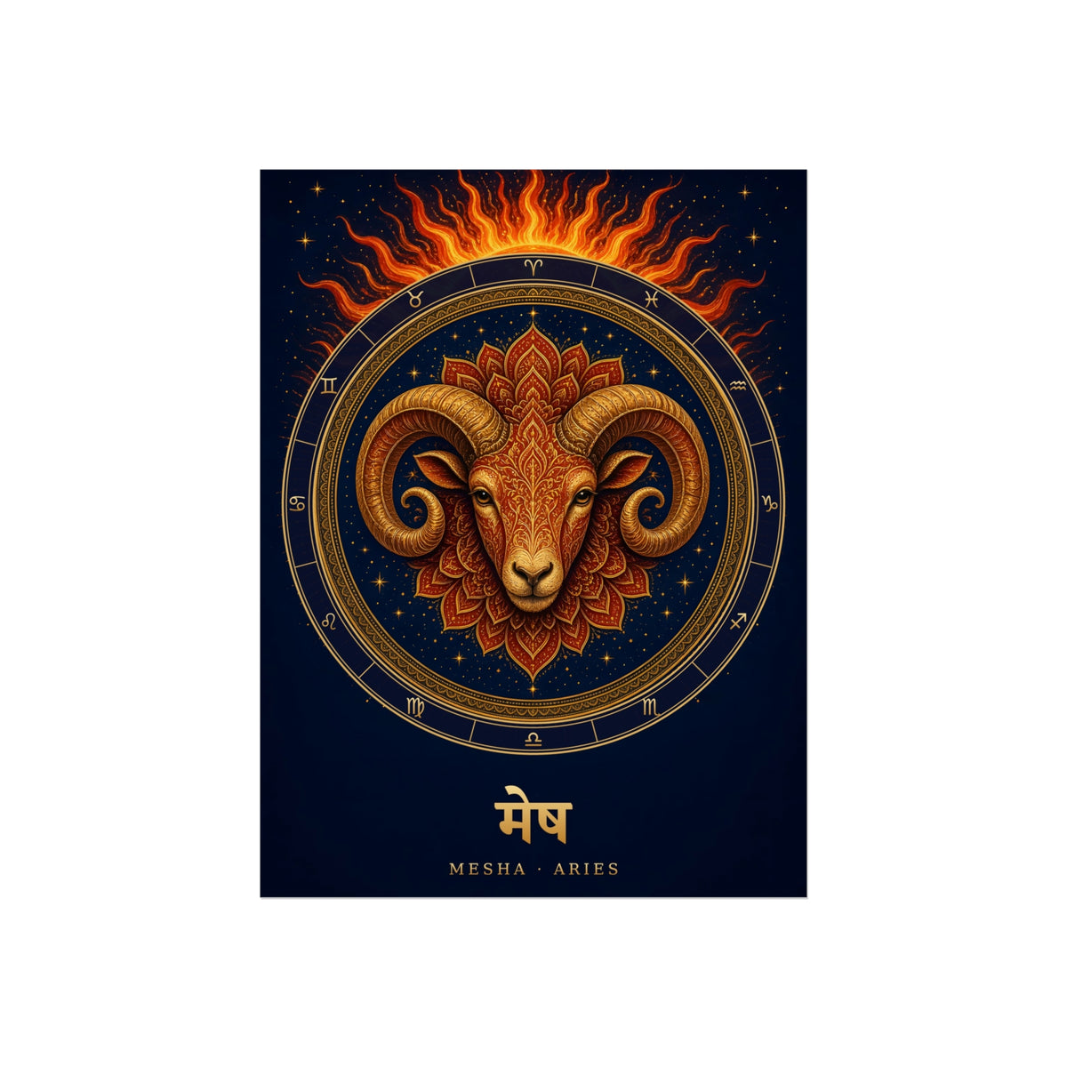 Mesha Aries Zodiac Wheel Art Print | Vedic Rashi Chakra Poster | AstralWhere