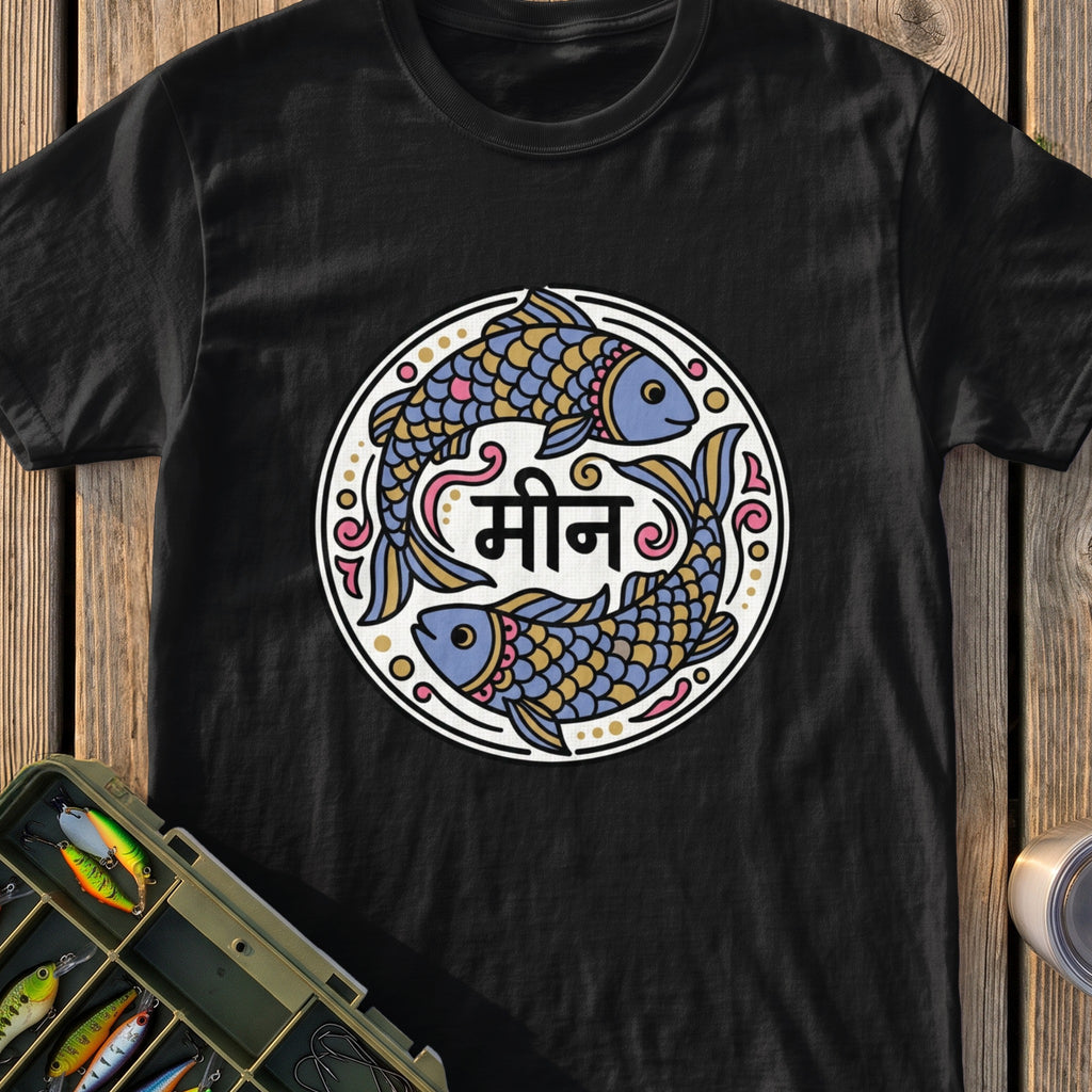 Black t-shirt with circular Pisces symbol featuring two fish and Hindi text.