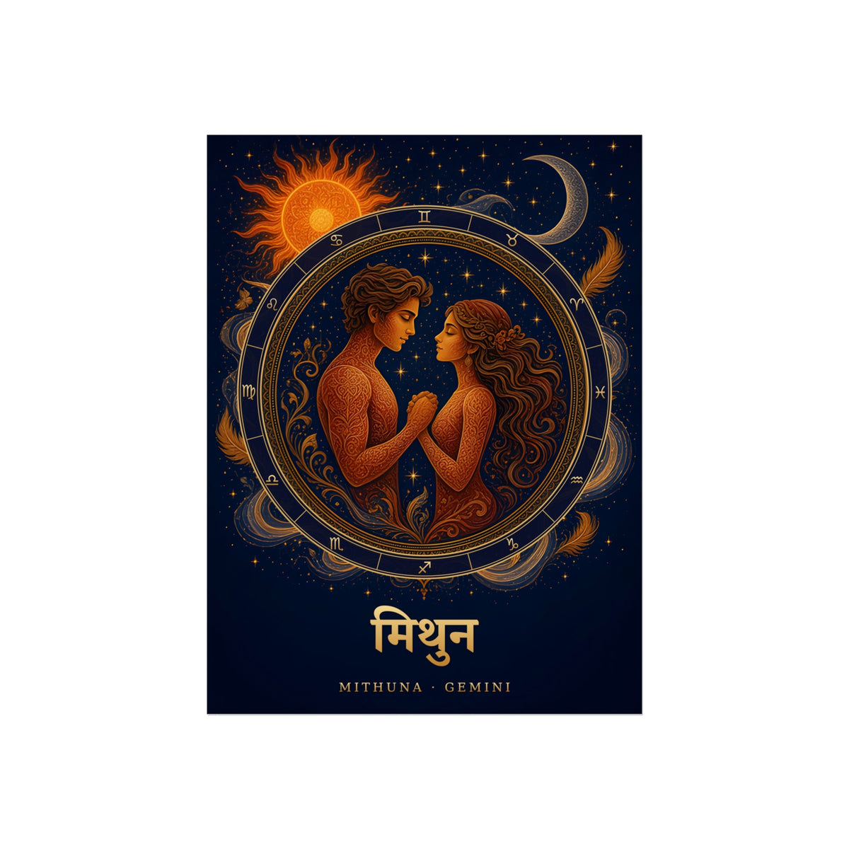 Mithuna Gemini Zodiac Wheel Art Print | Vedic Rashi Chakra Poster | AstralWhere