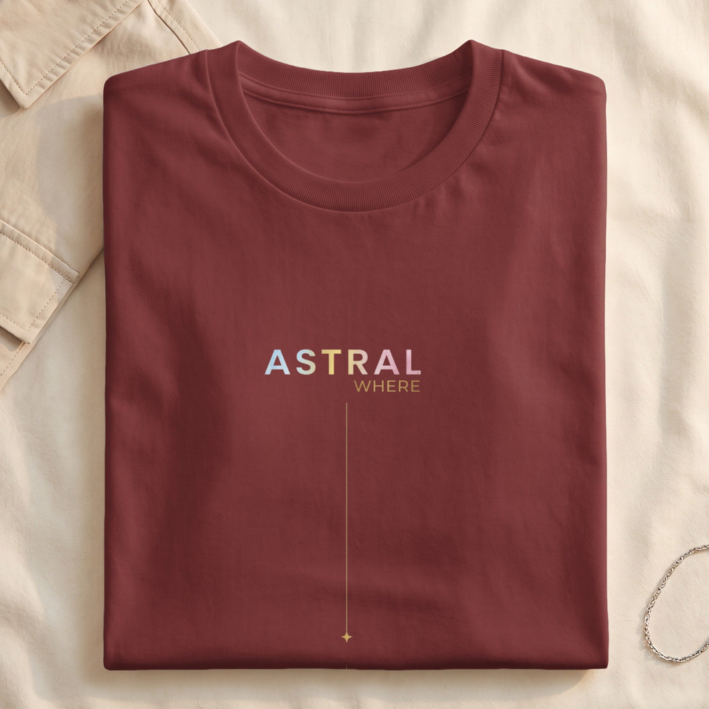 Maroon t-shirt with "ASTRAL WHERE" text and a gold line graphic.
