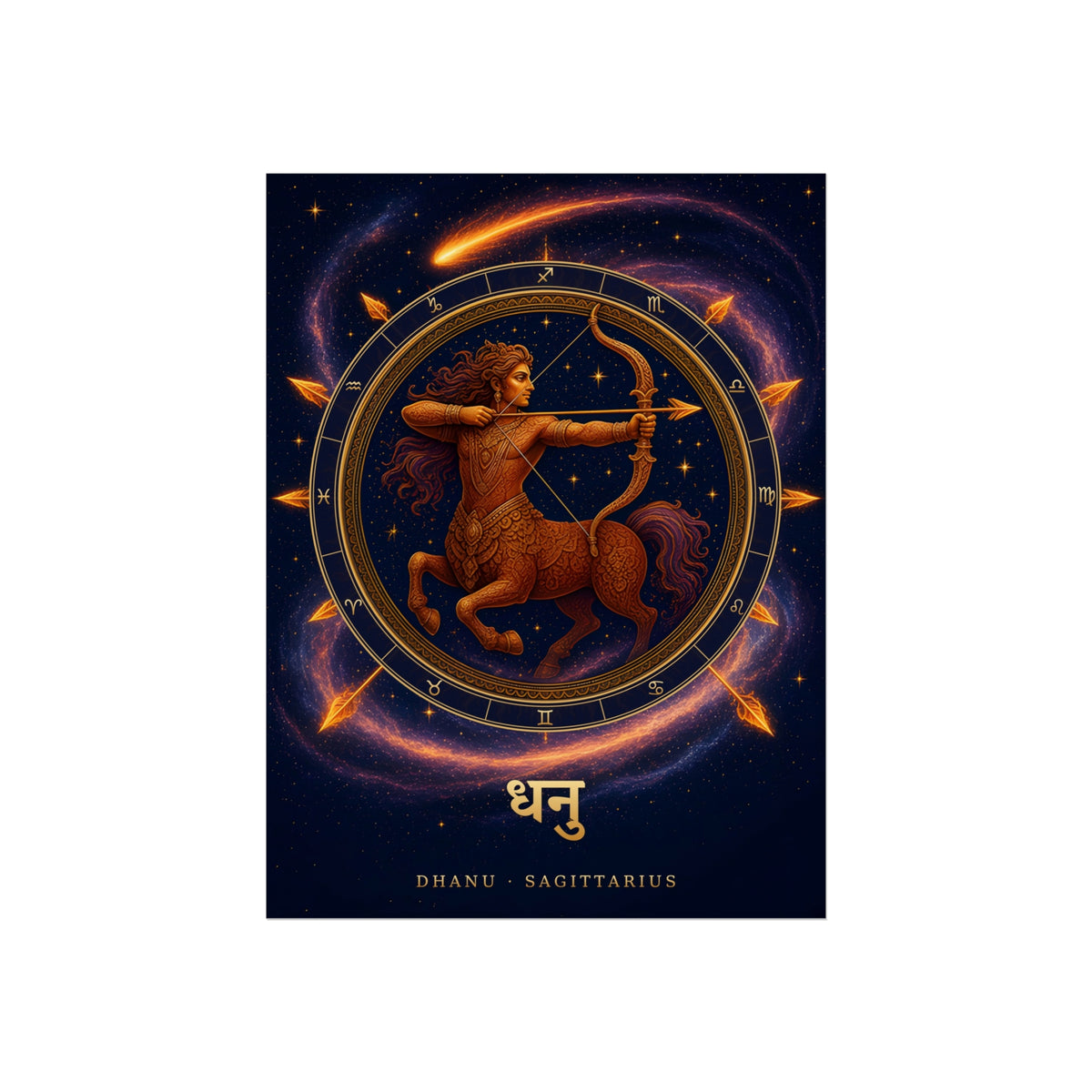Dhanu Sagittarius Zodiac Wheel Art Print | Vedic Rashi Chakra Poster | AstralWhere