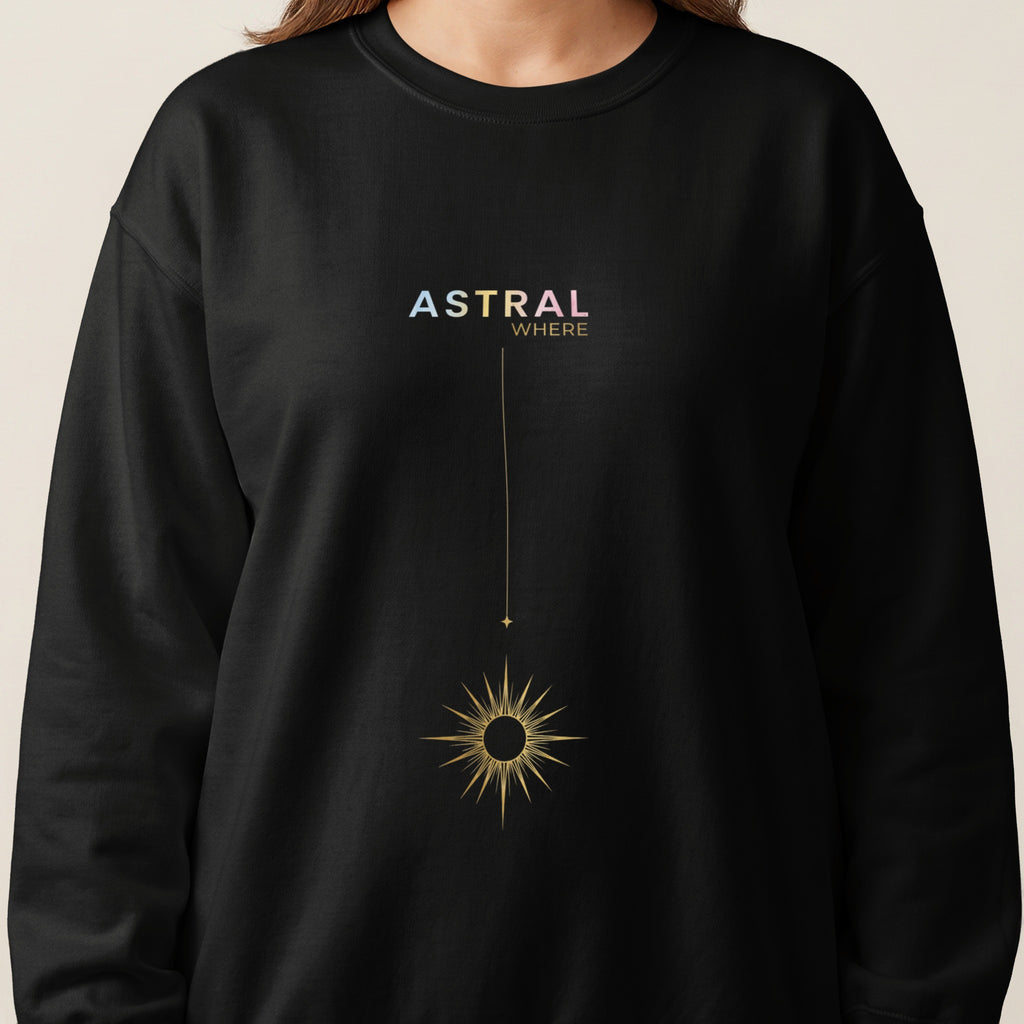 Black sweatshirt with gold sun and star graphic and "ASTRAL WHERE" text.