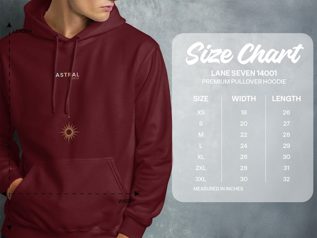 Maroon hoodie with Astral logo, size chart for Lane Seven 14001 premium pullover hoodie.