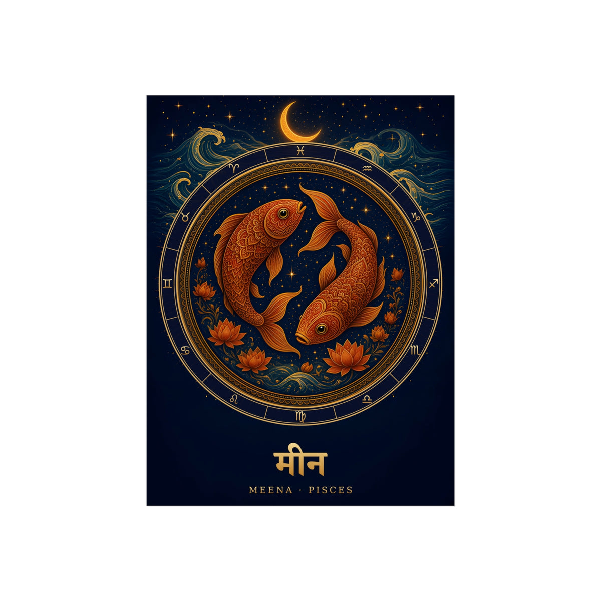Meena Pisces Zodiac Wheel Art Print | Vedic Rashi Chakra Poster | AstralWhere