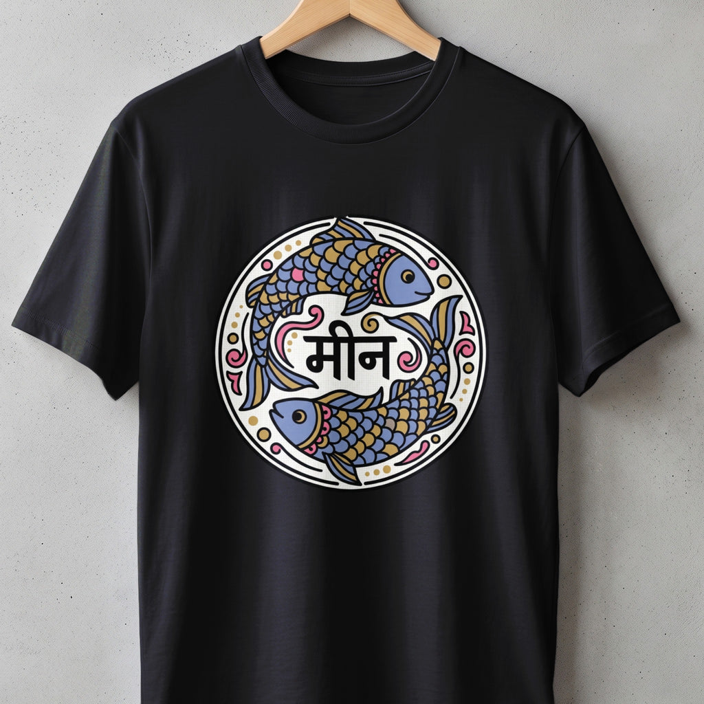 Black t-shirt with a circular design of two fish and Hindi text "मीन"