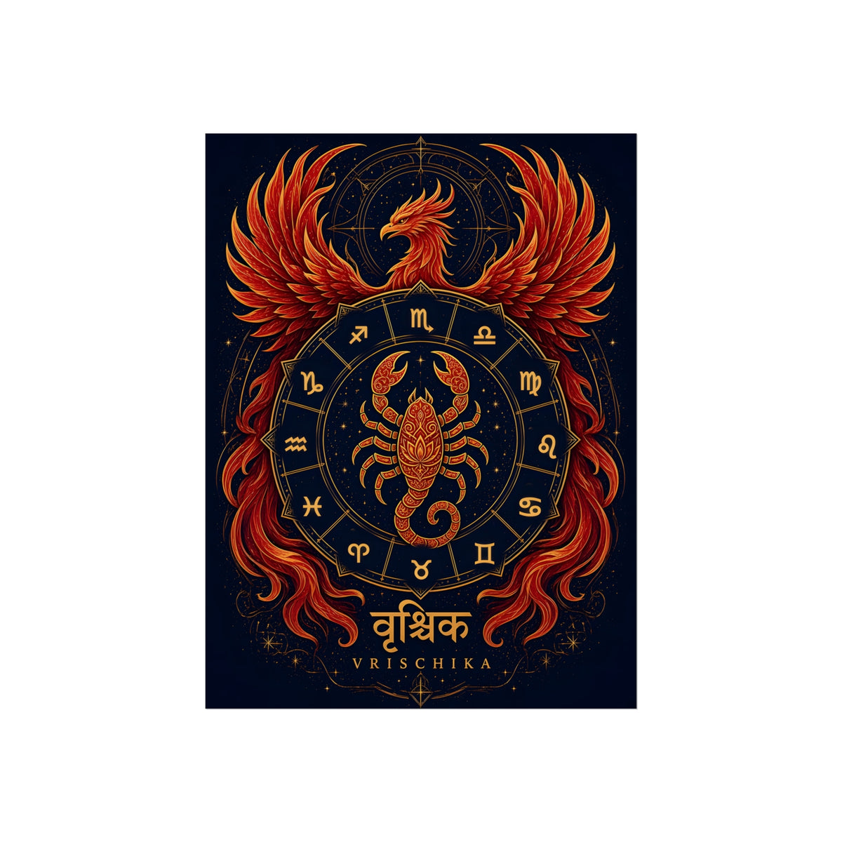 Vrischika Scorpio Phoenix Zodiac Wheel Art Print | Vedic Rashi Chakra Poster | AstralWhere