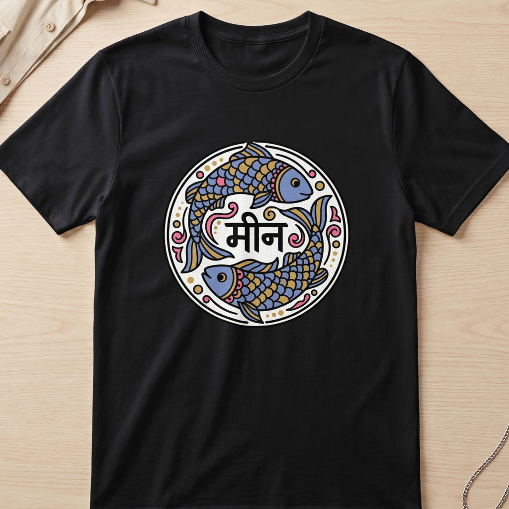 Black t-shirt with a circular Pisces symbol featuring two fish and Hindi text.