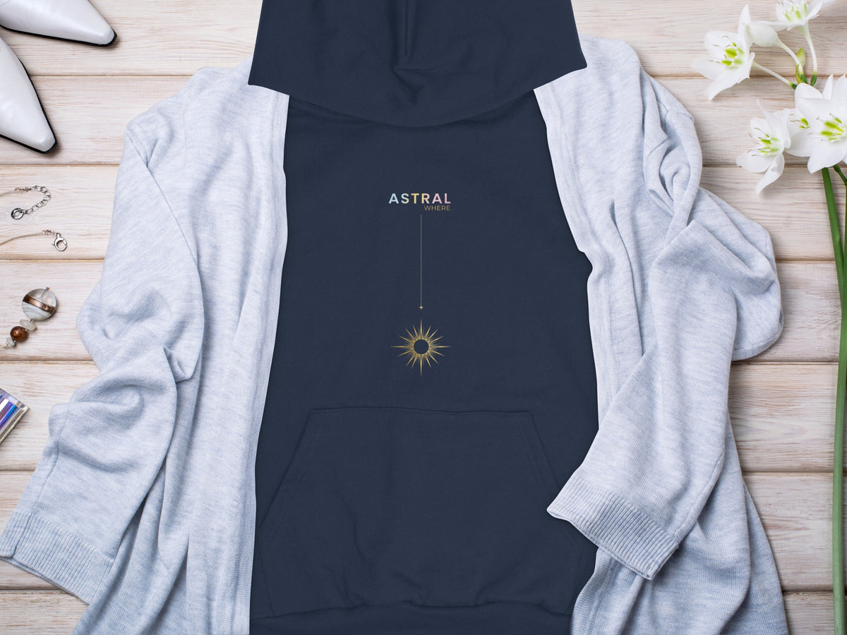 Navy blue hooded sweatshirt with "ASTRAL WHERE" text and a gold sun graphic.