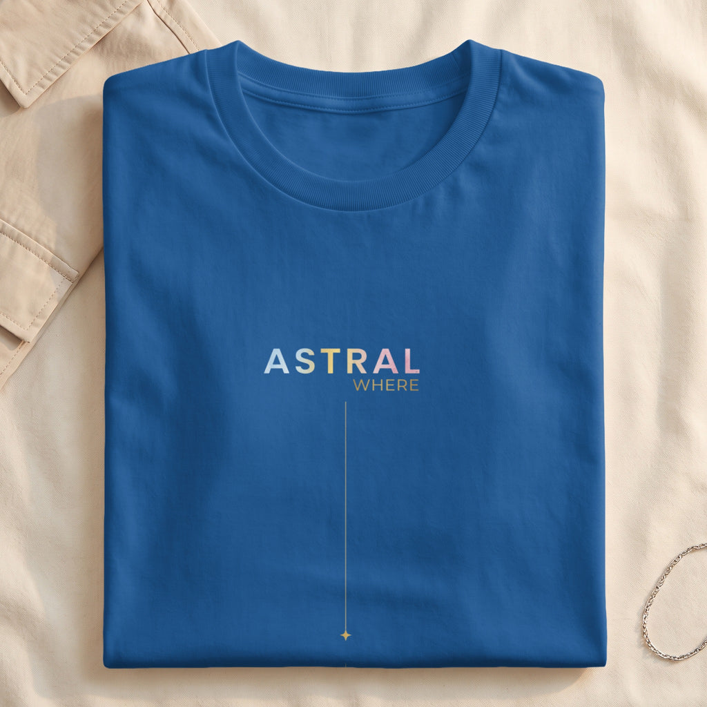 Blue t-shirt with "ASTRAL WHERE" text and a vertical line with a star.