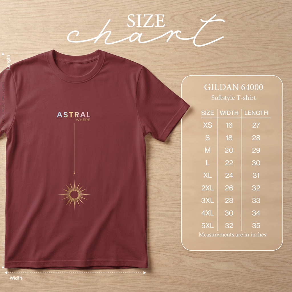 Gildan 64000 softstyle t-shirt size chart with width and length measurements in inches.