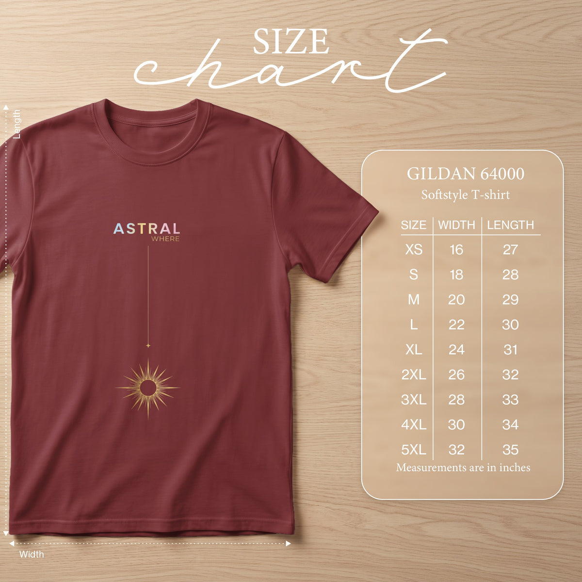 Gildan 64000 softstyle t-shirt size chart with width and length measurements in inches.