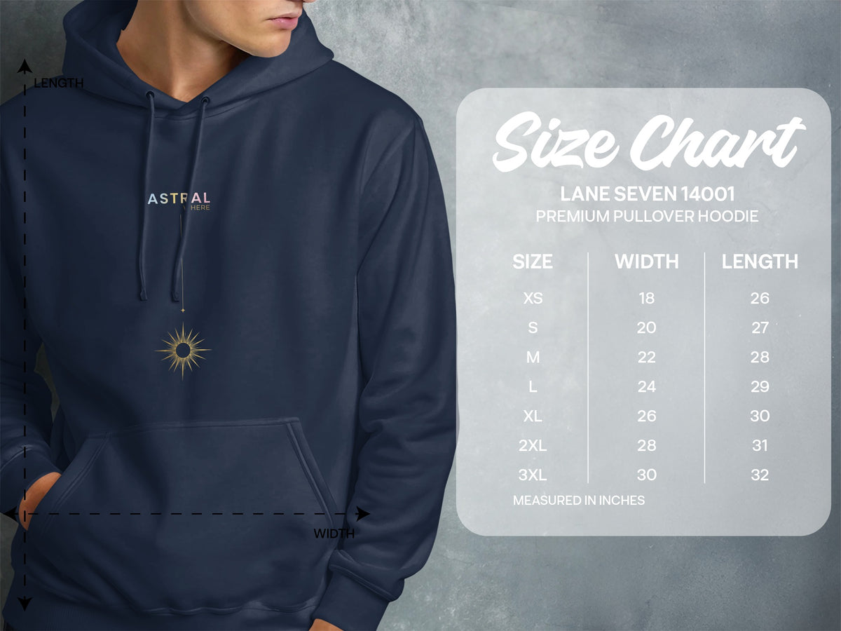 Navy blue pullover hoodie with Astral logo and size chart.