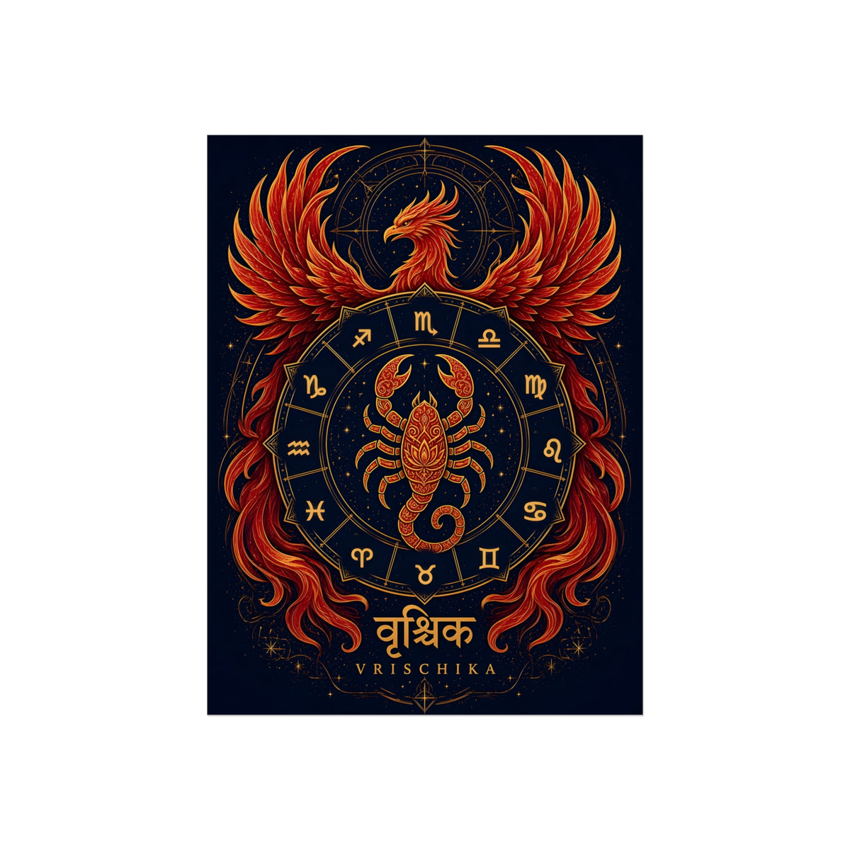 Vrischika Scorpio Phoenix Zodiac Wheel Art Print | Vedic Rashi Chakra Poster | AstralWhere