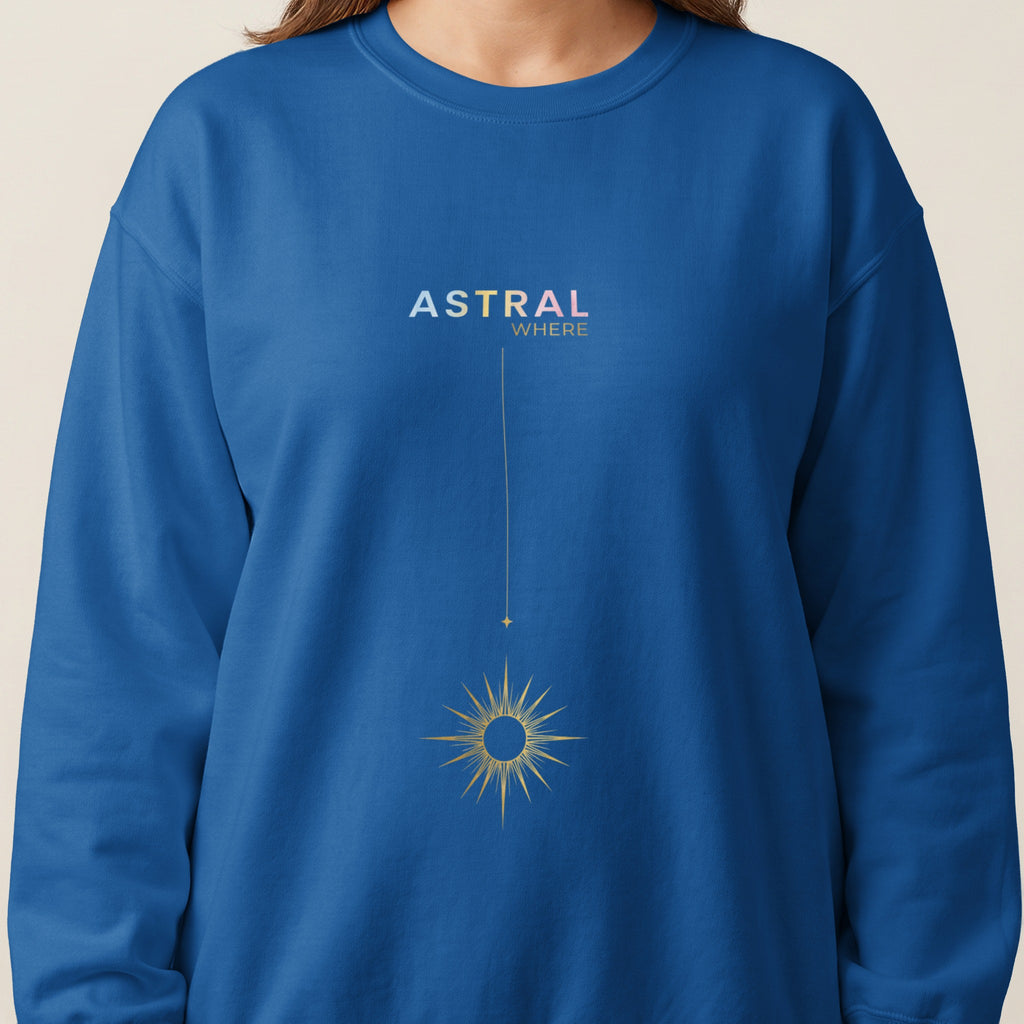 Blue sweatshirt with "ASTRAL WHERE" and a golden sun graphic.