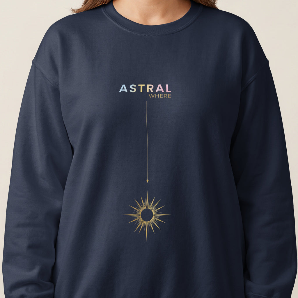 Navy sweatshirt with "ASTRAL WHERE" text and golden celestial sun graphic.
