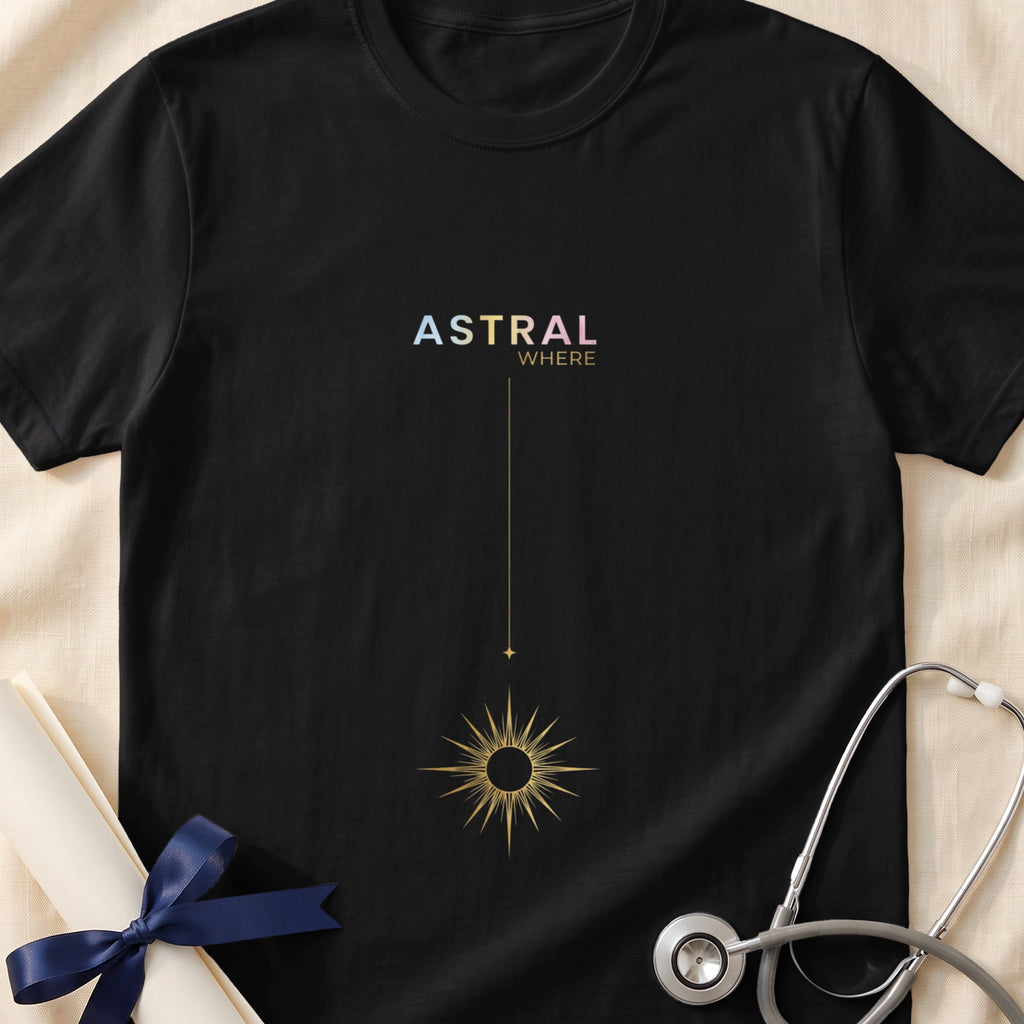Black t-shirt with "ASTRAL WHERE" text and golden sun graphic.