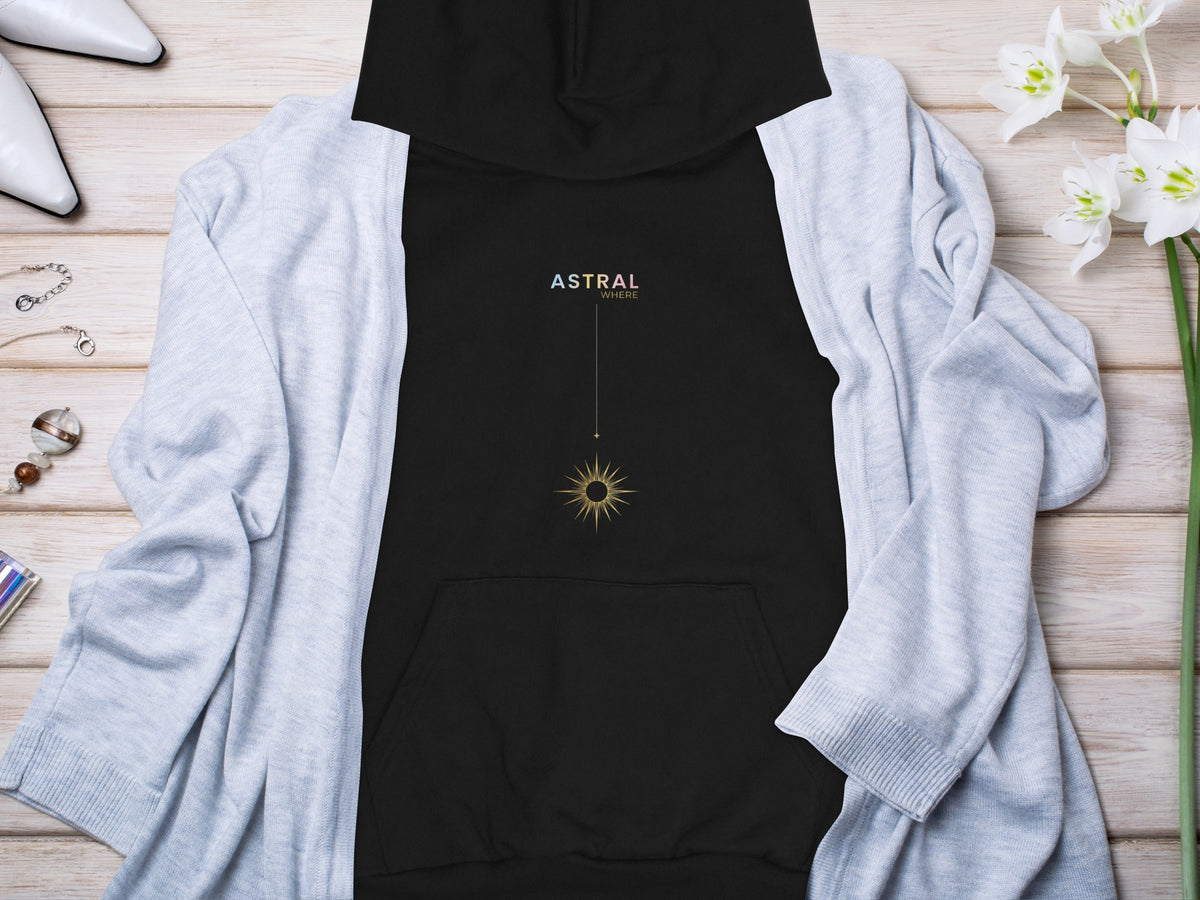 Black hoodie with "ASTRAL WHERE" text and a golden sun graphic.