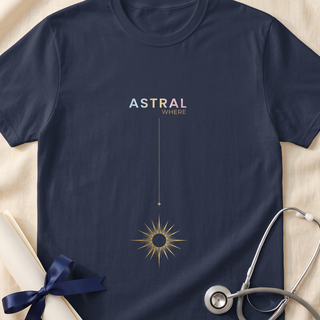 Navy t-shirt with "ASTRAL WHERE" text and golden celestial graphic.
