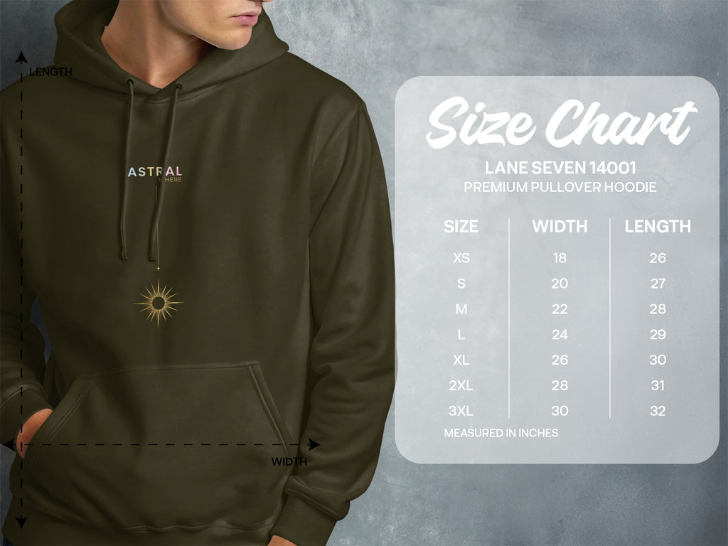Olive green hoodie with 'Astral' logo and sun graphic, shown with size chart.