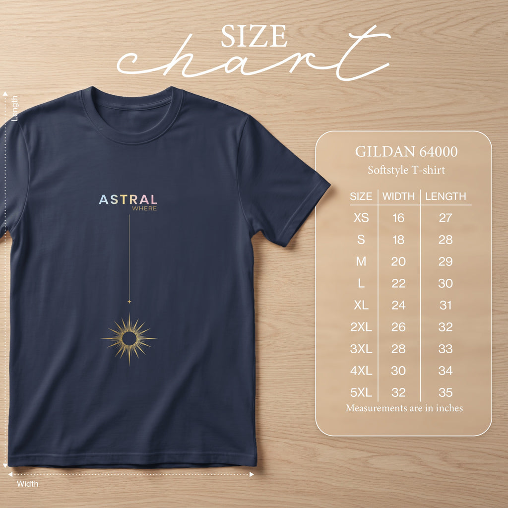 Navy Gildan 64000 softstyle t-shirt with "ASTRAL WHERE" graphic and size chart.