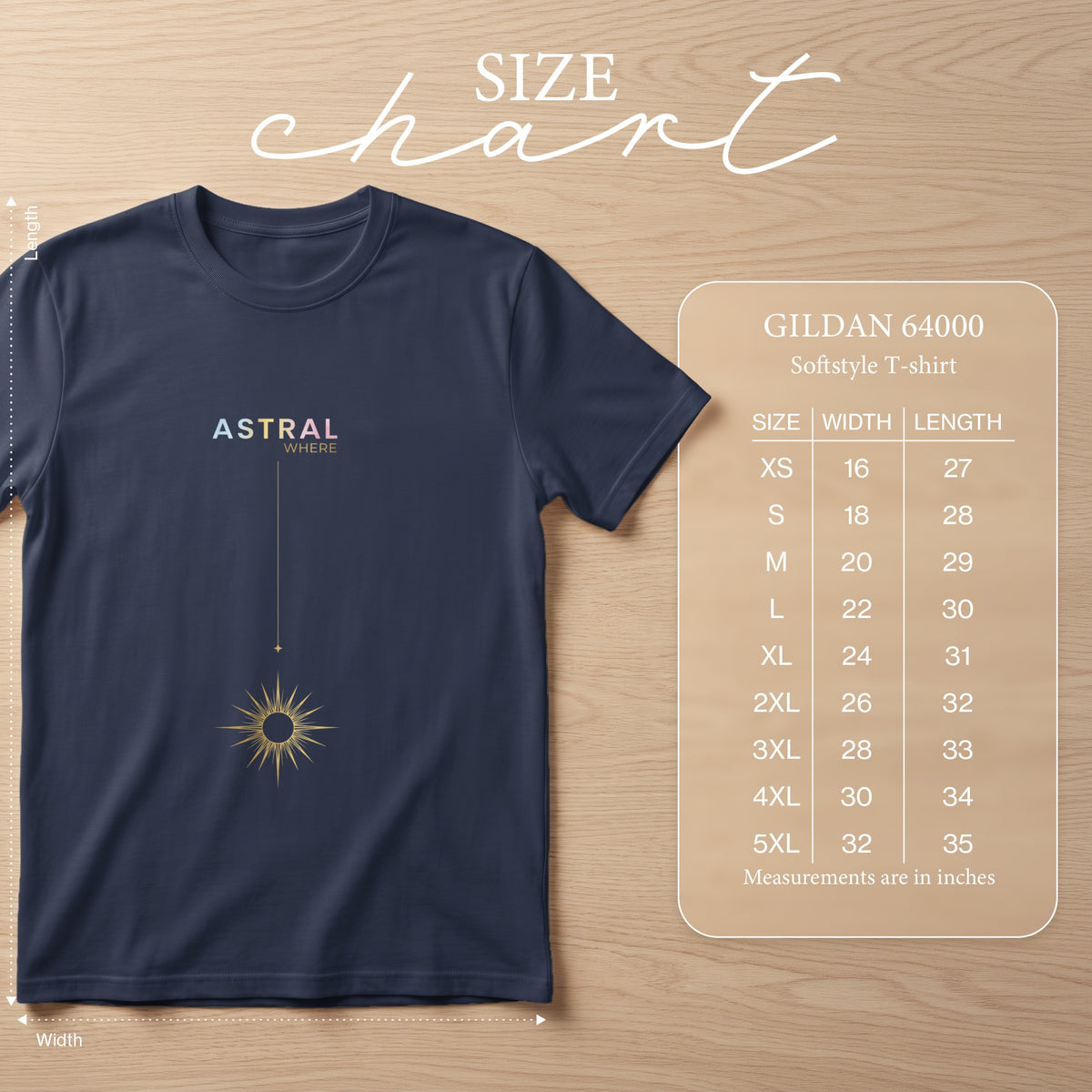 Navy Gildan 64000 softstyle t-shirt with "ASTRAL WHERE" graphic and size chart.