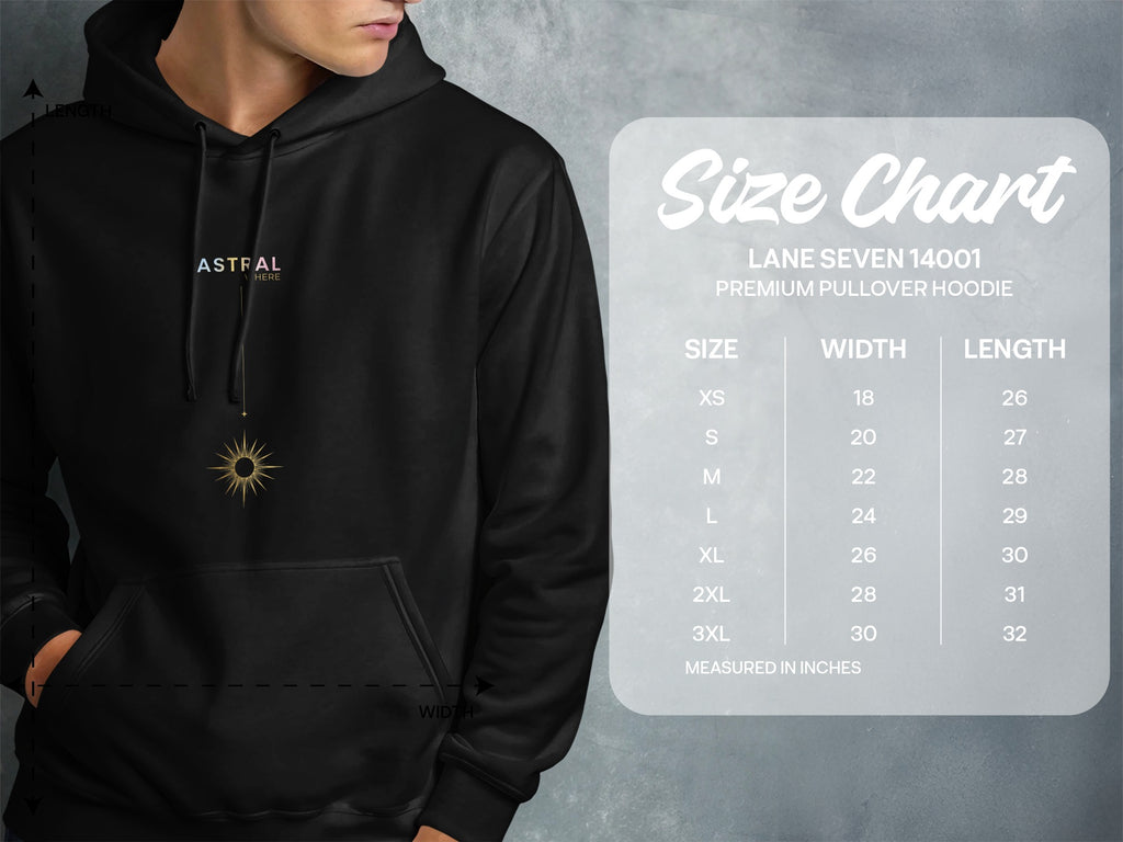 Black pullover hoodie with Astral logo and size chart.