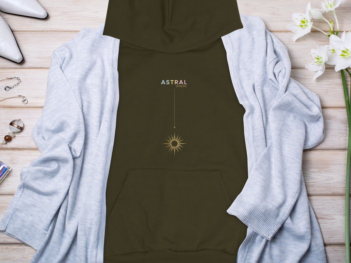 Olive hoodie with "ASTRAL WHERE" text and a sun graphic.